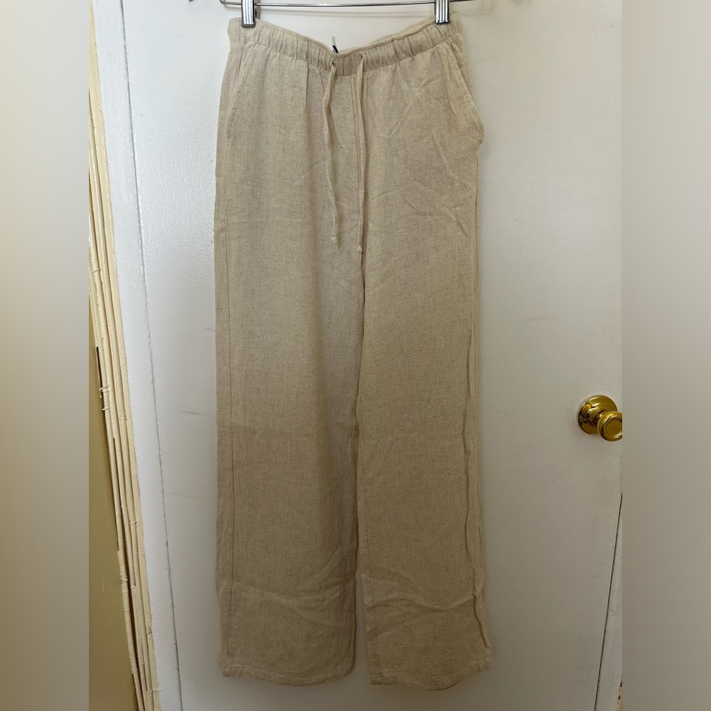 Beige Linen Drawstring Pants